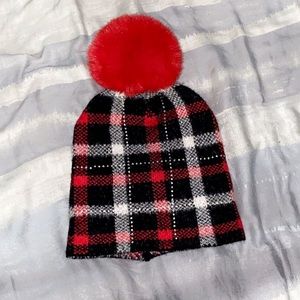 Red Plaid Winter Hat With Pom One Size
